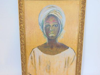 Ecole africaine "Jeune Africaine", 1981, huile sur toile, monogrammée [BE] et datée...
