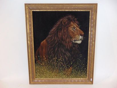 BEHAN Lou "African Lion", circa 2000, oil on velvet, signed lower left, titled on...