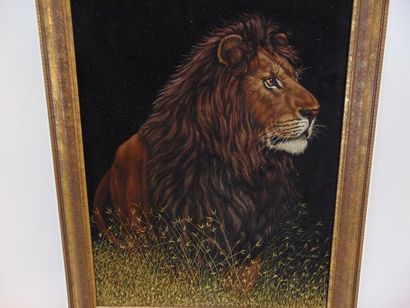 BEHAN Lou "African Lion", circa 2000, oil on velvet, signed lower left, titled on...