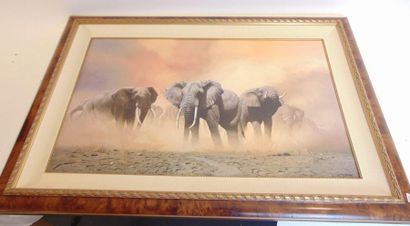 BONE Craig (1955-) "Herd of elephants", circa 2000, printed on canvas, signed and...