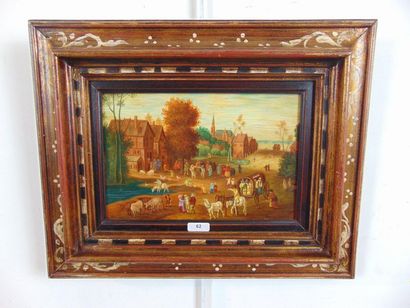 ECOLE FLAMANDE "Village scene", 19th century, oil on board, 16x23.5 cm.