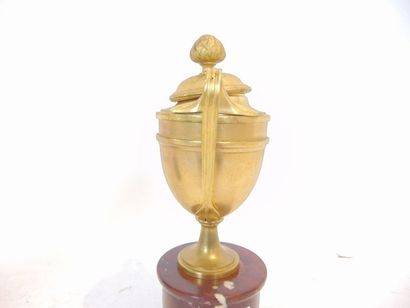 null Paire de cassolettes néoclassiques en urne ansée, XIXe, bronze ciselé sur socles...