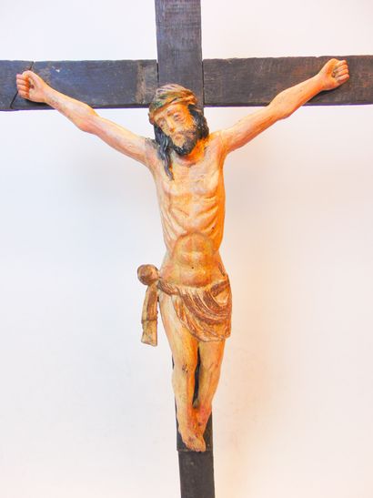 null Large crucifix, 19th century, carved and polychromed wood, h. 134 cm [alterations...