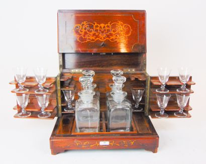 null Napoleon III period liqueur cellar, late 19th century, blackened wood with marquetry...
