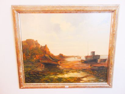Ecole Bretonne "Stranded Boats", 20th century, oil on canvas, signature lower left,...