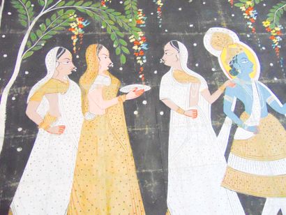 École INDIENNE "Krishna and the Gopis", 20th, Radjput style painting on canvas, 190x155...