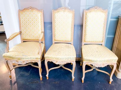 null A suite of two armchairs and four chairs in the Regency style, 20th century,...