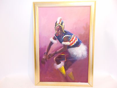 Ecole africaine "Tribal Dancer", [20]05, oil on canvas, signed and dated lower left,...