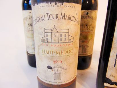 BORDEAUX (HAUT-MÉDOC) Rouge, Château Tour-Marcillanet, cru bourgeois 1990, cinq bouteilles...