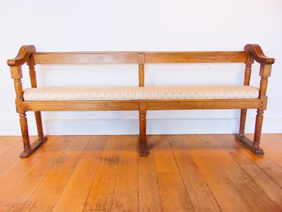 null Bench, 19th century, moulded and turned oak with a patina of use, fabric cover,...