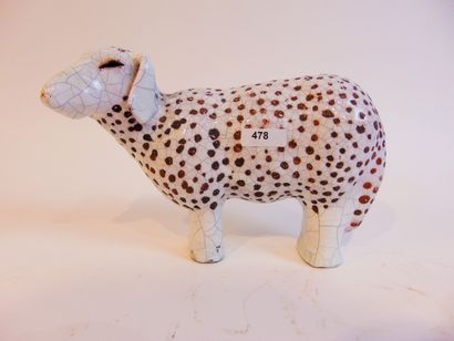 France "Sheep", 20th century, glazed ceramic subject, mark, l. 19 cm [chip].