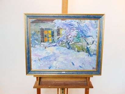 ÉCOLE RUSSE "Snowy Garden", 20th, oil on canvas, monogrammed lower right, signature...