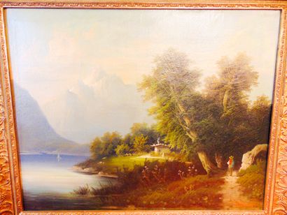 WAGNER J. "Paysages alpestres animés", XIXe, paire d'huiles sur toile en pendants,...