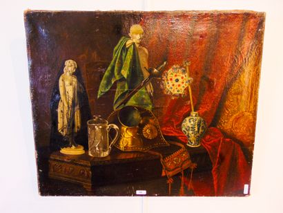 ECOLE FRANCAISE "Nature morte d'objets de curiosité", XIXe, huile sur toile rentoilée,...