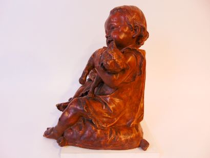 DE BEULE Aloïs (1861-1935) "Girl and her Cat", early 20th century, terracotta patina...