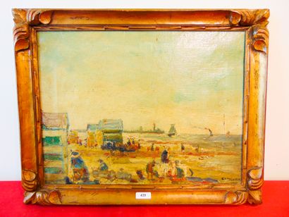 CLAROT René (1882-1972) "Animated beach", early 20th century, oil on canvas, signed...