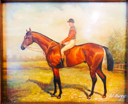 ECOLE ANGLAISE "Jockey and his mount", XXth, oil on panel, signature lower right,...