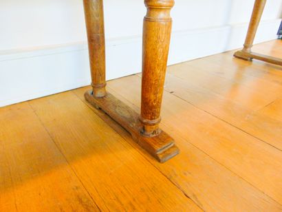 null Bench, 19th century, moulded and turned oak with a patina of use, fabric cover,...