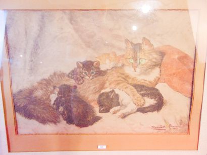 RONNER Henriette (1821-1909) "Cat and her kittens", early 20th century, polychrome...