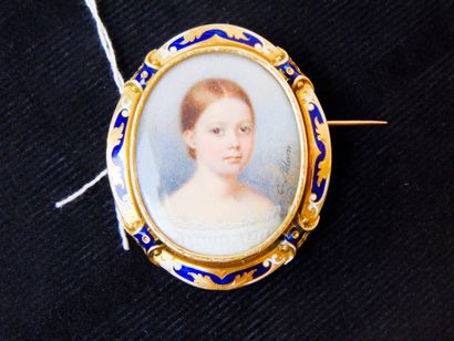 null A Napoleon III period large oval brooch with a miniature on mother-of-pearl...
