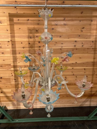 MURANO A six-arm chandelier, mid-20th century, hot-worked polychrome glass, 93 cm...