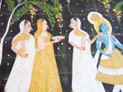 École INDIENNE "Krishna and the Gopis", 20th, Rajput-style painting on canvas, 190x155...