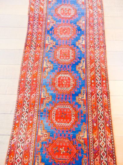 null Persian Afshar style gallery carpet with star medallions on an indigo field,...