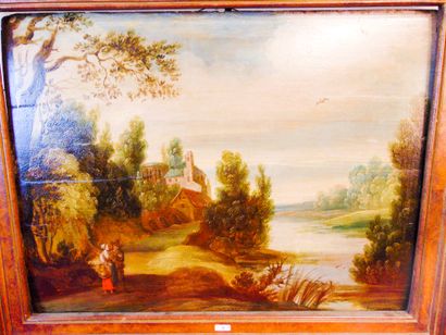 ECOLE FLAMANDE "Paysage lacustre animé", XVIIe, huile sur panneau, 49x63,5 cm [restauré,...