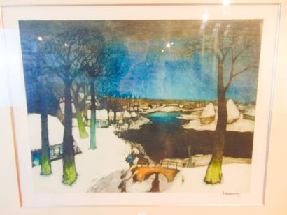 SAVERYS Albert (1886-1964) "Paysage hivernal", XXe, lithographie polychrome, signée...