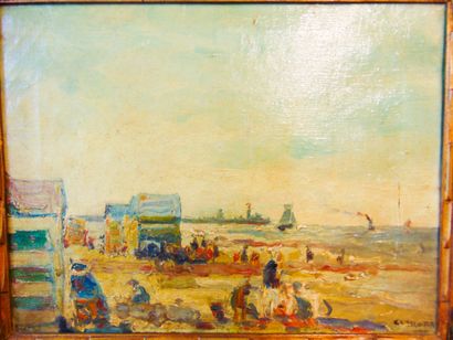 CLAROT René (1882-1972) "Plage animée", début XXe, huile sur toile, signée en bas...