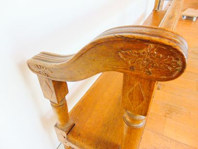 null Bench, 19th century, moulded and turned oak with a patina of use, fabric cover,...