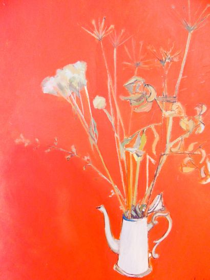 SANDERS Jan (1936-) "Bouquet dans une théière", 1963, huile sur toile, signée et...