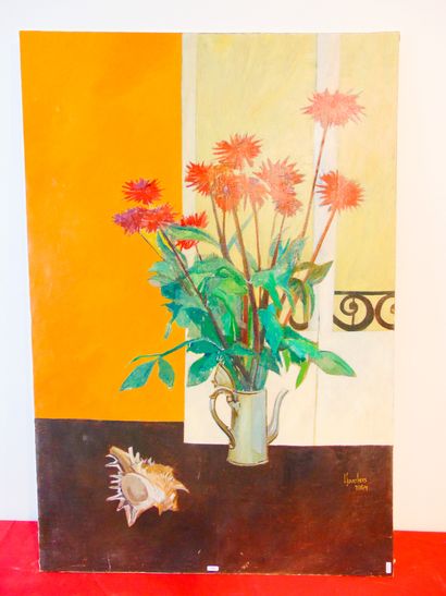 SANDERS Jan (1936-) "Les Dahlias", 1964, huile sur toile, signée et datée en bas...
