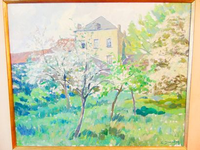 DUCHÊNE Edmond (1919-) "Verger en fleur", [19]58, huile sur toile, signée et datée...
