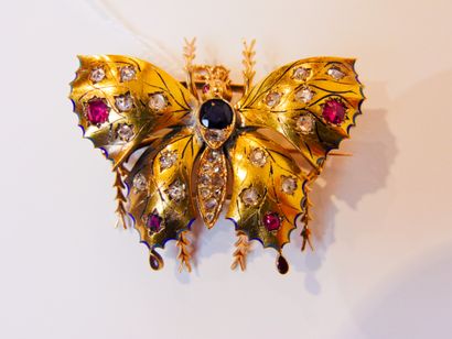 null Butterfly brooch in yellow gold (18 carats) with enamel and set with a sapphire...