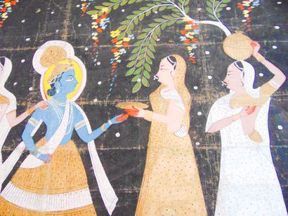 École INDIENNE "Krishna and the Gopis", 20th, Rajput-style painting on canvas, 190x155...