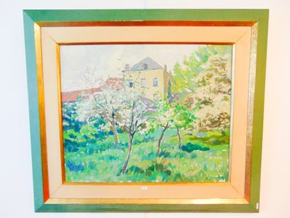 DUCHÊNE Edmond (1919-) "Verger en fleur", [19]58, huile sur toile, signée et datée...