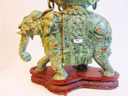 CHINE Fake pair of processional elephant incense burners supporting a pagoda (one...