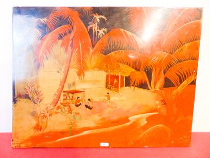ÉCOLE INDOCHINOISE "Village animé", circa 1940, laque sur panneau, 43,5x57 cm [légères...