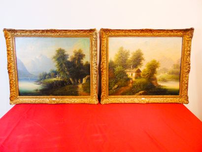 WAGNER J. "Paysages alpestres animés", XIXe, paire d'huiles sur toile en pendants,...