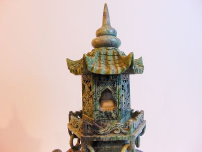 CHINE Fake pair of processional elephant incense burners supporting a pagoda (one...