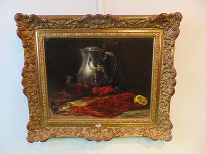 RUYTINX Alfred (1871-1908) "Still life with lobsters", late 19th century, oil on...