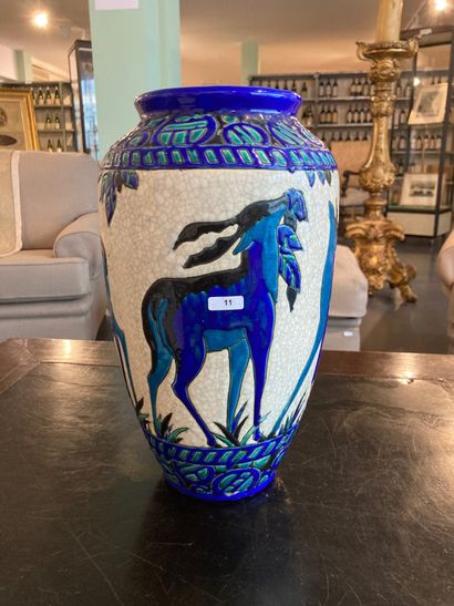 BOCH FRÈRES - KERAMIS / CATTEAU Charles (1880-1966) An Art Deco vase with deer decoration...