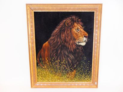BEHAN Lou "African Lion", circa 2000, huile sur velours, signée en bas à gauche,...