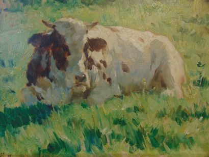 ABELOOS Victor (1881-1965) "Vache au pré", [19]19, huile sur panneau, signée et datée...