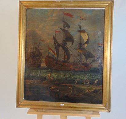 École hollandaise "Port animé", XVIIIe, huile sur toile rentoilée, 77,5x66,5 cm [altérations...