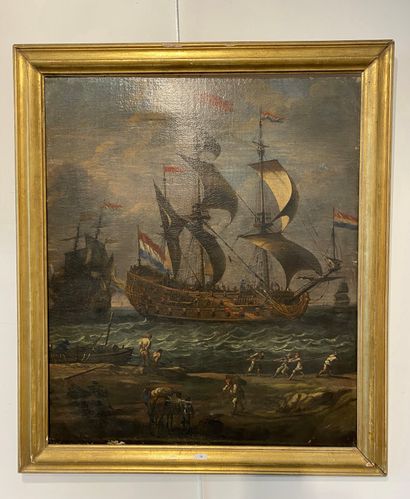 École hollandaise "Port animé", XVIIIe, huile sur toile rentoilée, 77,5x66,5 cm [altérations...
