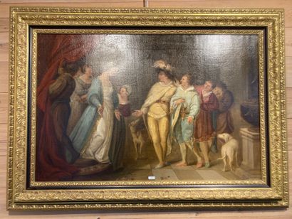 École romantique "Scène de cour", mi-XIXe, huile sur toile rentoilée, 59x89 cm.