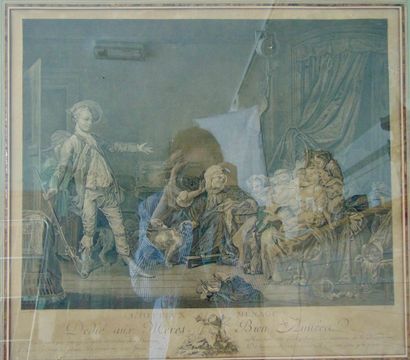 GREUZE Jean-Baptiste (1725-1805) [d'après] "L'Heureux Ménage", estampe, 35x44,5 cm...