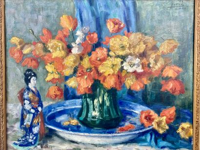 HERVÉ Simon (1888-?) "Bouquet and Japanese statuette", early 20th century, oil on...